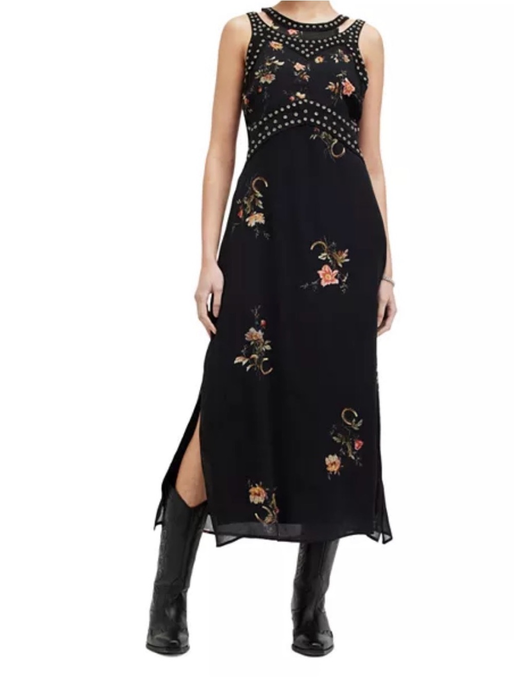 Allsaints Jessie Tanana Dress - Floral Studded Midi with Suede Detail - Like New